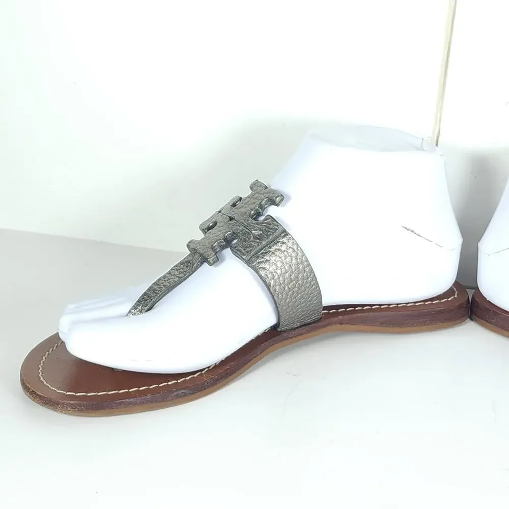 Tory Burch Women's Moore US 7M Metalic Pewter Leather SlipOn Flat Thong Sandals